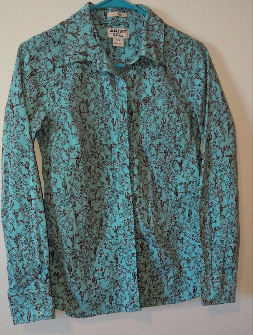 Ariat Turquoise Western Print Fitted Button-Down Shirt - Picture 2 of 5